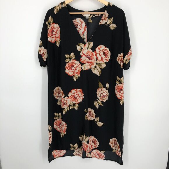 A New Day Dress Womens 2XL Black Floral Short Sleeve V Neck Midi‎ Pullover - Picture 1 of 12